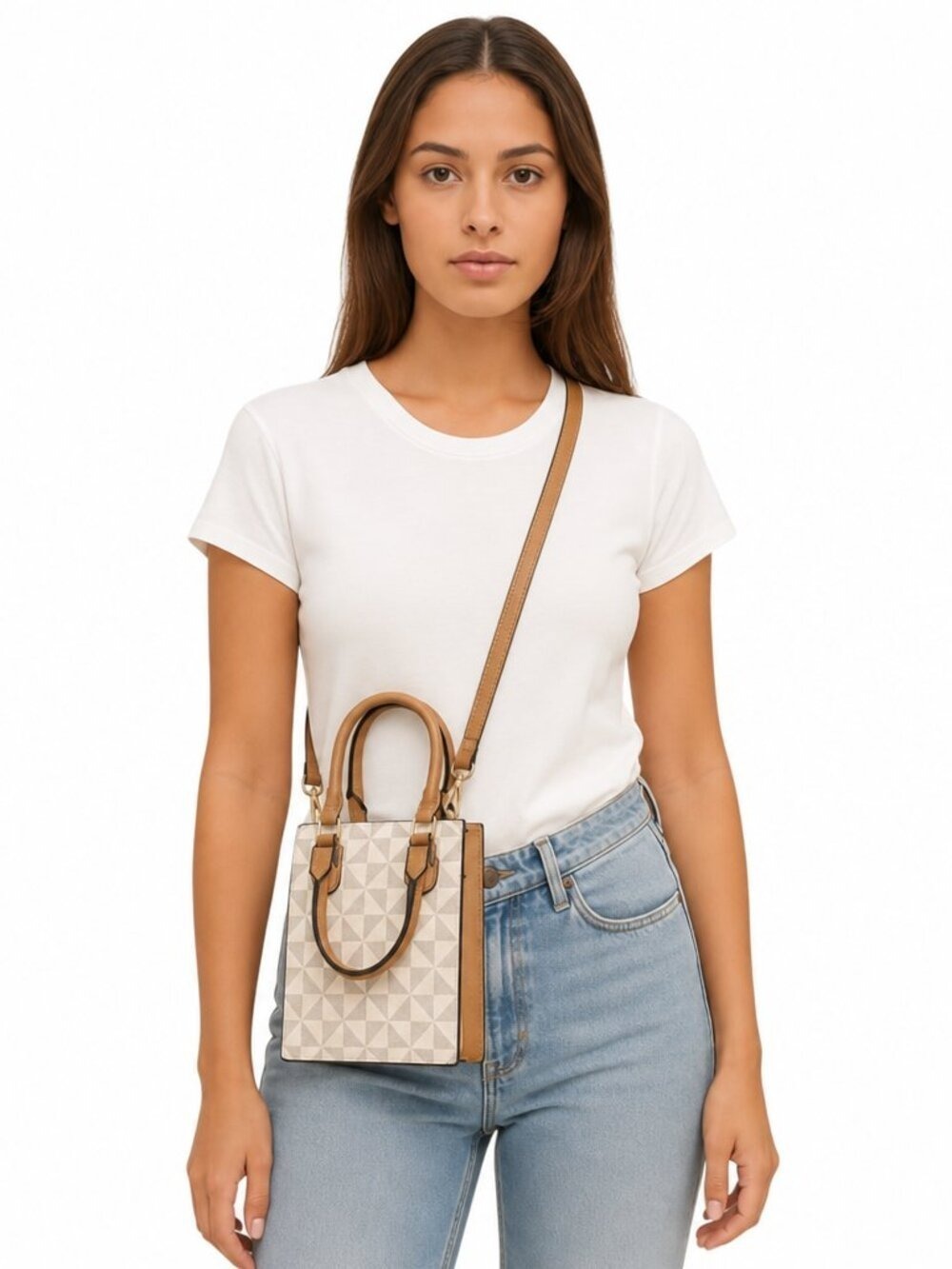 Chic Geometric Crossbody Bag – EUC | Neutral Beige & Tan | Everyday Style